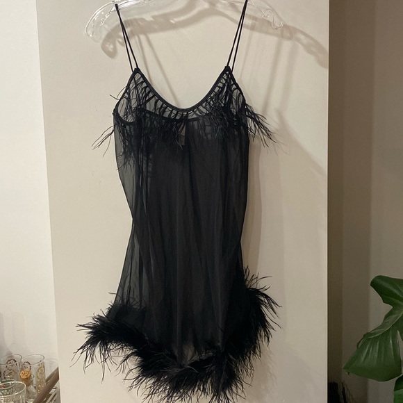 Victoria's Secret Other - VICTORIA SECRET sheer black teddy neglige slip nightie feather boa marabou S